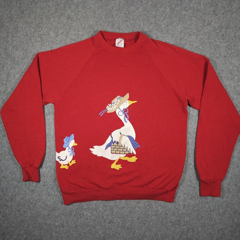 VTG 1987 Ducks Sweater Womens Large Red Whimsical Cottage-core Fairytale Sun Hat